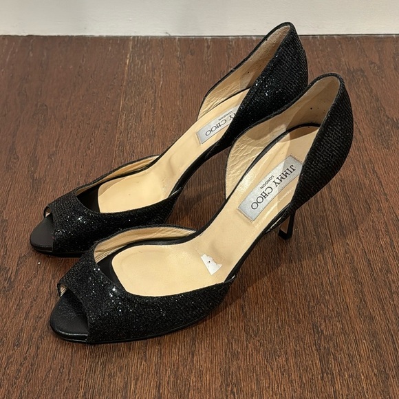 Jimmy Choo Black Sparkly Peep Toe Heels Size 39.5/9.5 - Picture 1 of 7
